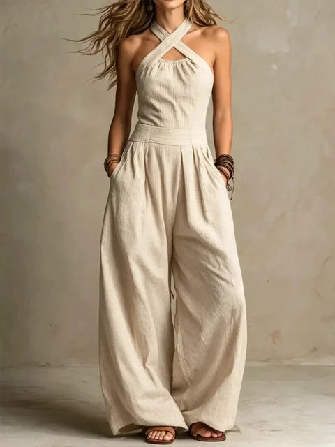Cross Halter Neck Wide Leg Jumpsuit
