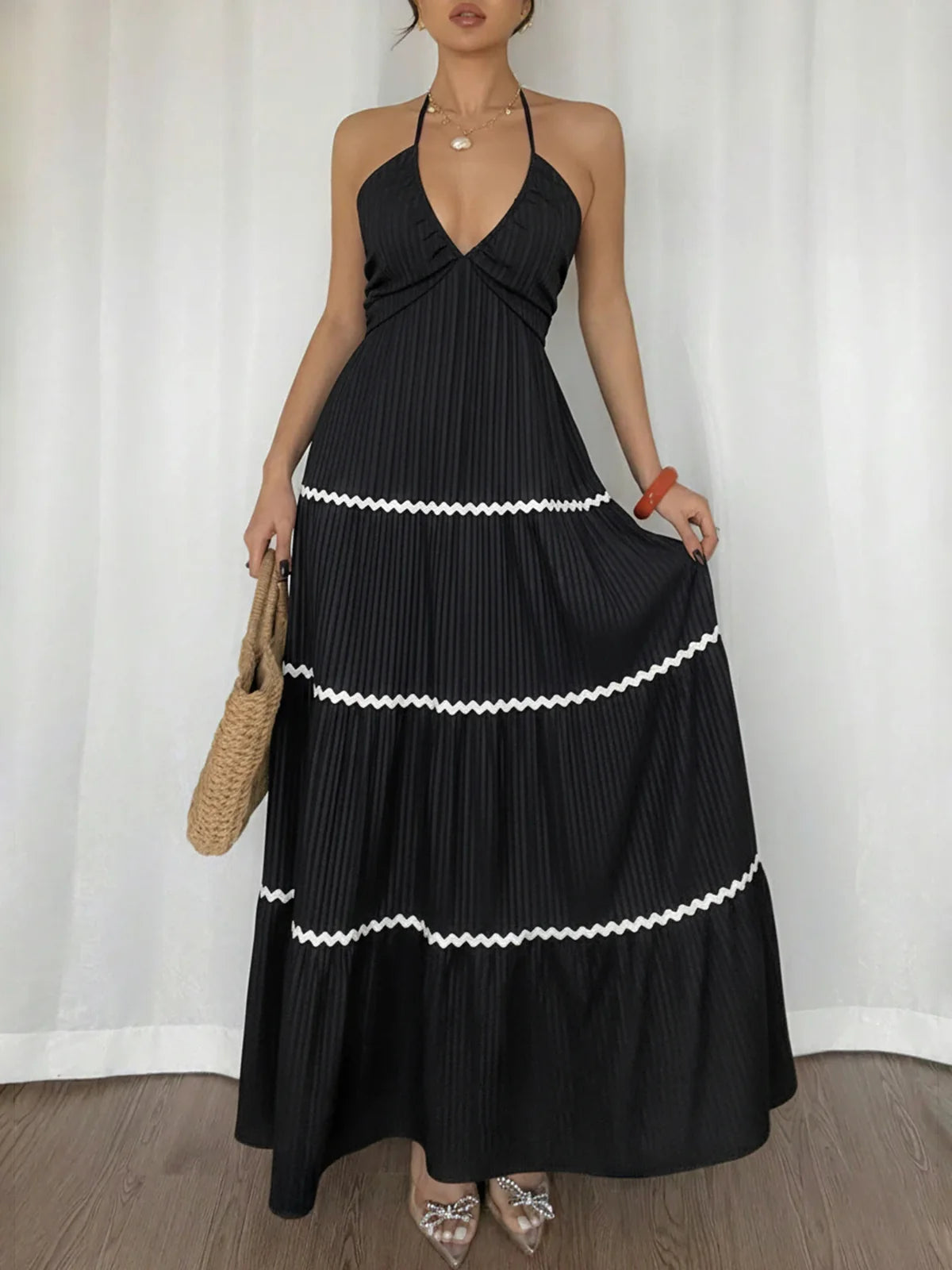 Women’s Tie Neck Tiered Long Dress
