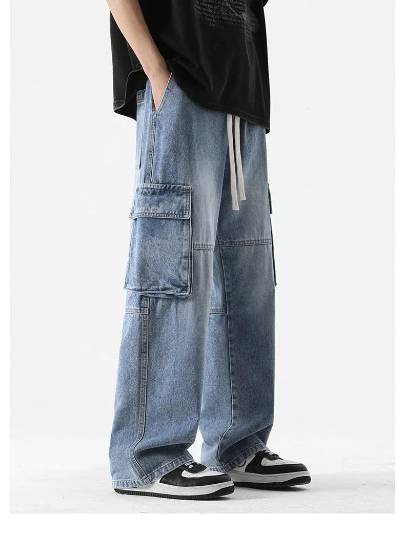 Baggy Cargo Denim Pants With Drawstring