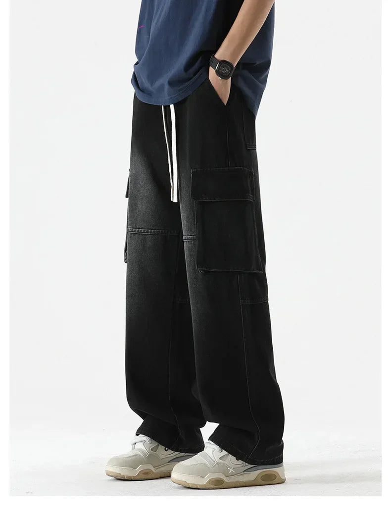 Baggy Cargo Denim Pants With Drawstring
