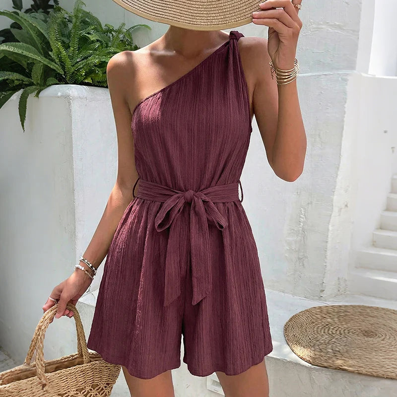 Pleated One Shoulder Belted Women’s Romper