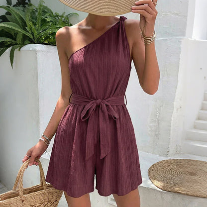 Pleated One Shoulder Belted Women’s Romper