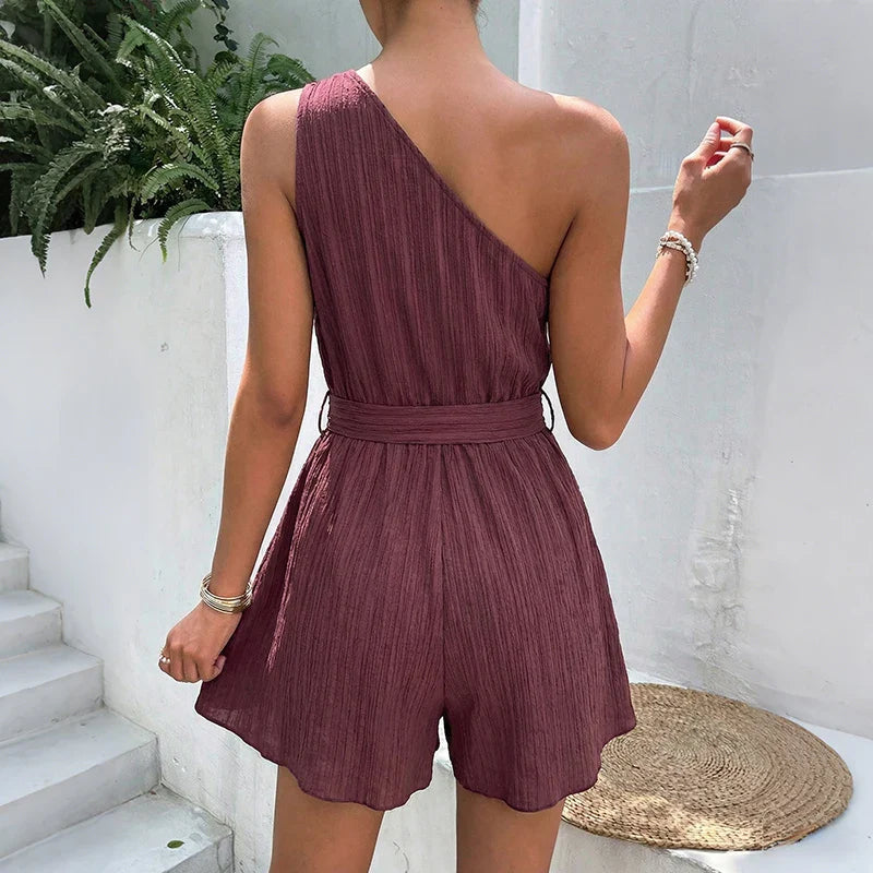 Pleated One Shoulder Belted Women’s Romper