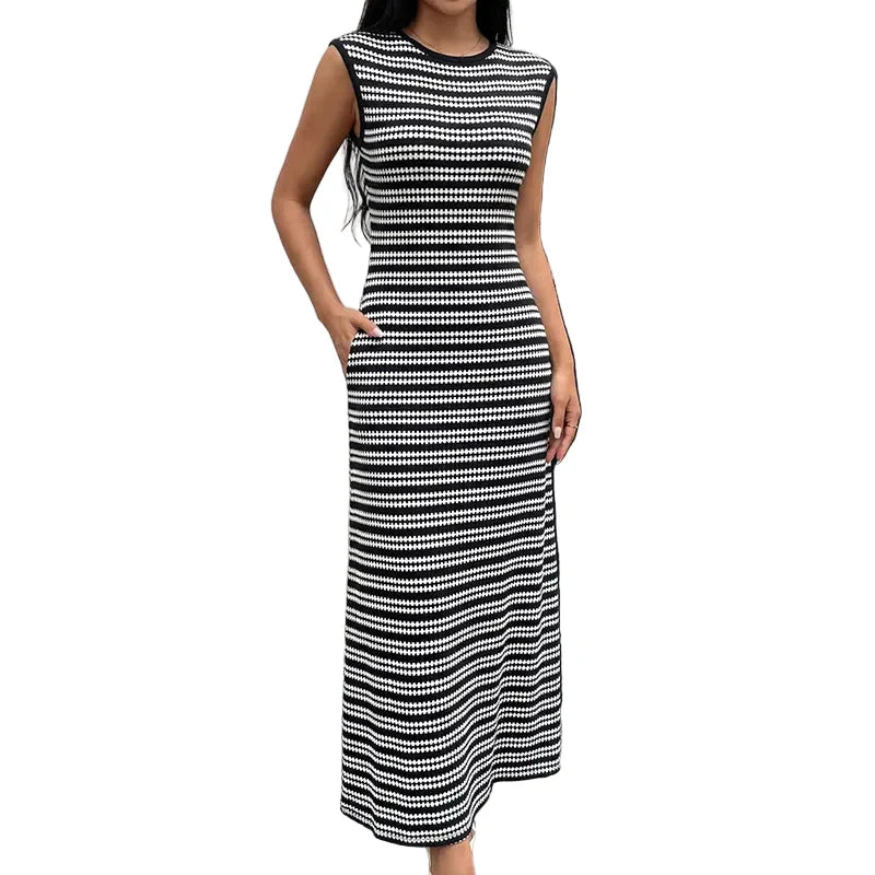 Stretch Stripe Sleeveless Pull On Dress