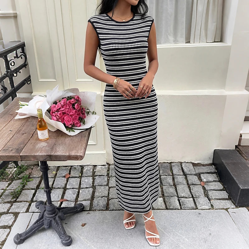 Stretch Stripe Sleeveless Pull On Dress