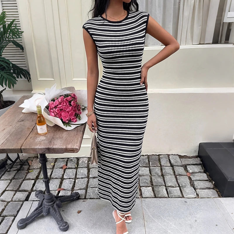 Stretch Stripe Sleeveless Pull On Dress